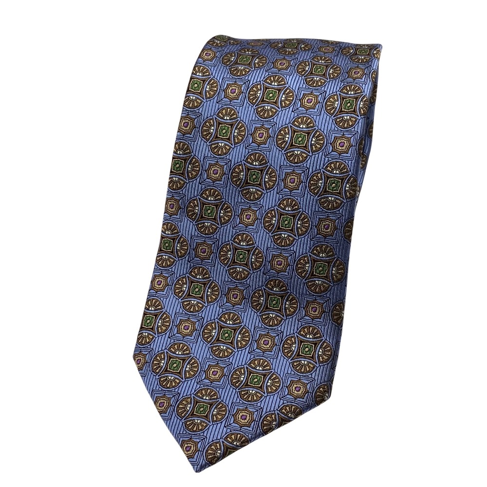 CM Gold Series Mens Silk Tie Blue Geometric Medallion Designed In Italy Handmade